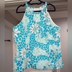 Lilly Pulitzer Size 4 Blue and White Daisy Cotton Halter Top With Callout